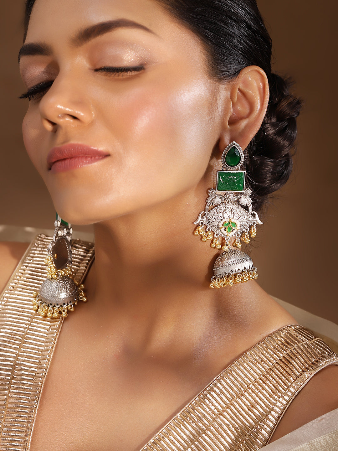 Ishin Green Colour Silver Plated Emerald Jhumka Earring