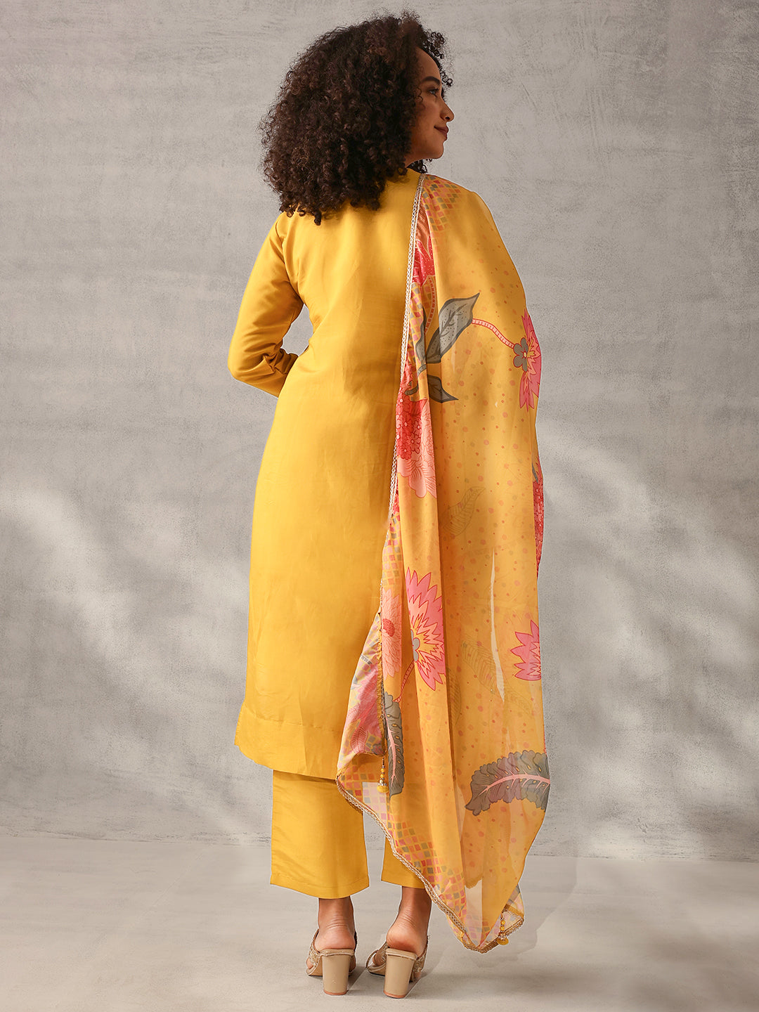 Soft Mustard Roman Silk Embroidered Straight Fit Kurta Set with Dupatta