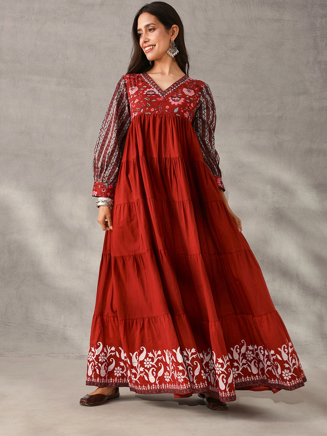 Graceful mustard Cotton Floral Printed Tiered fit Gown 