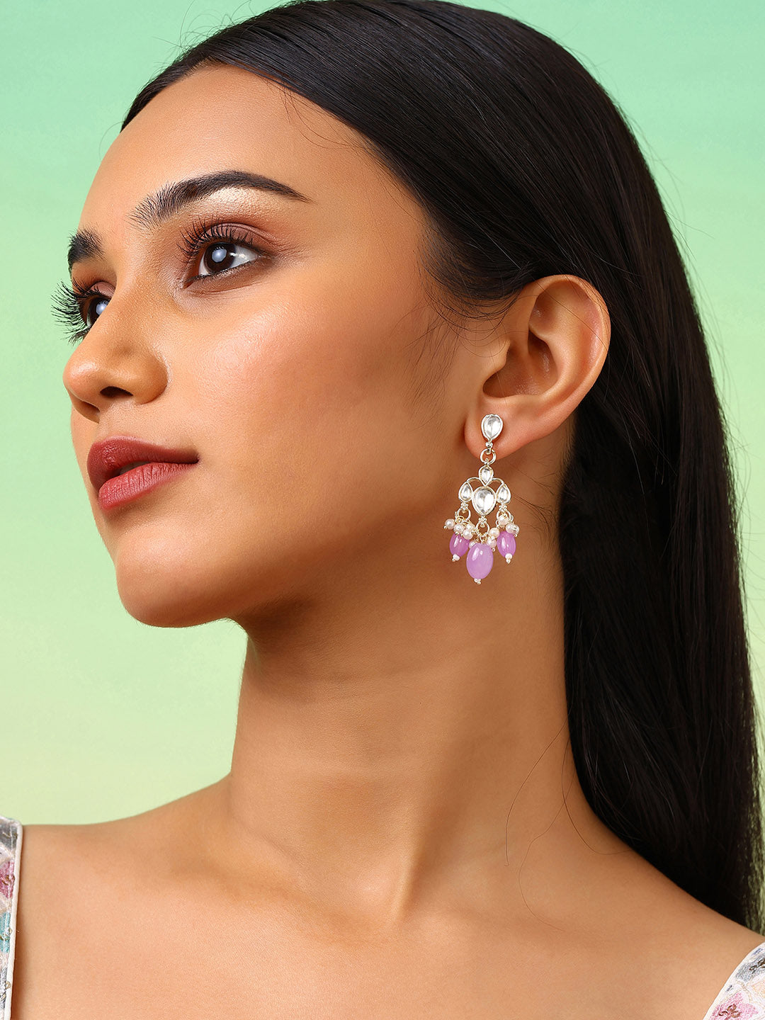 Ishin Lavender Beads Kundan Drop Push Back Gold Plated Earrings