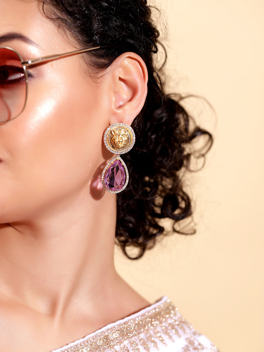 Ishin Purple  Colour Gold Plated AD Drop Earring