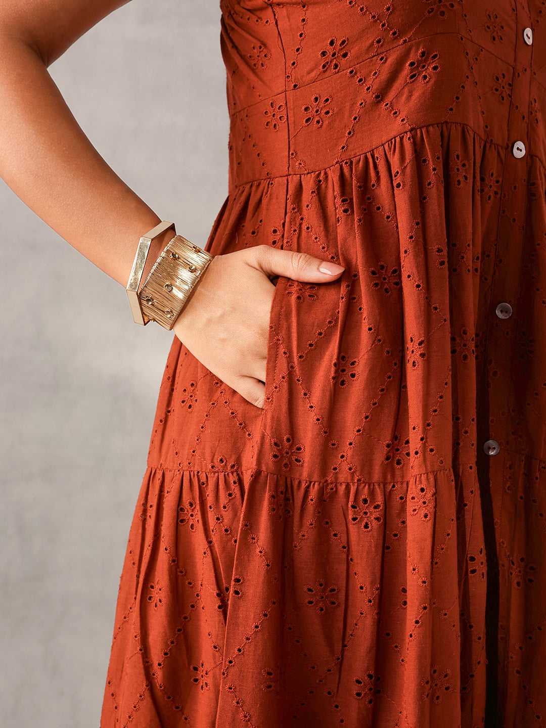 Comfy Rust Cotton Schiffli Tiered fit Dress