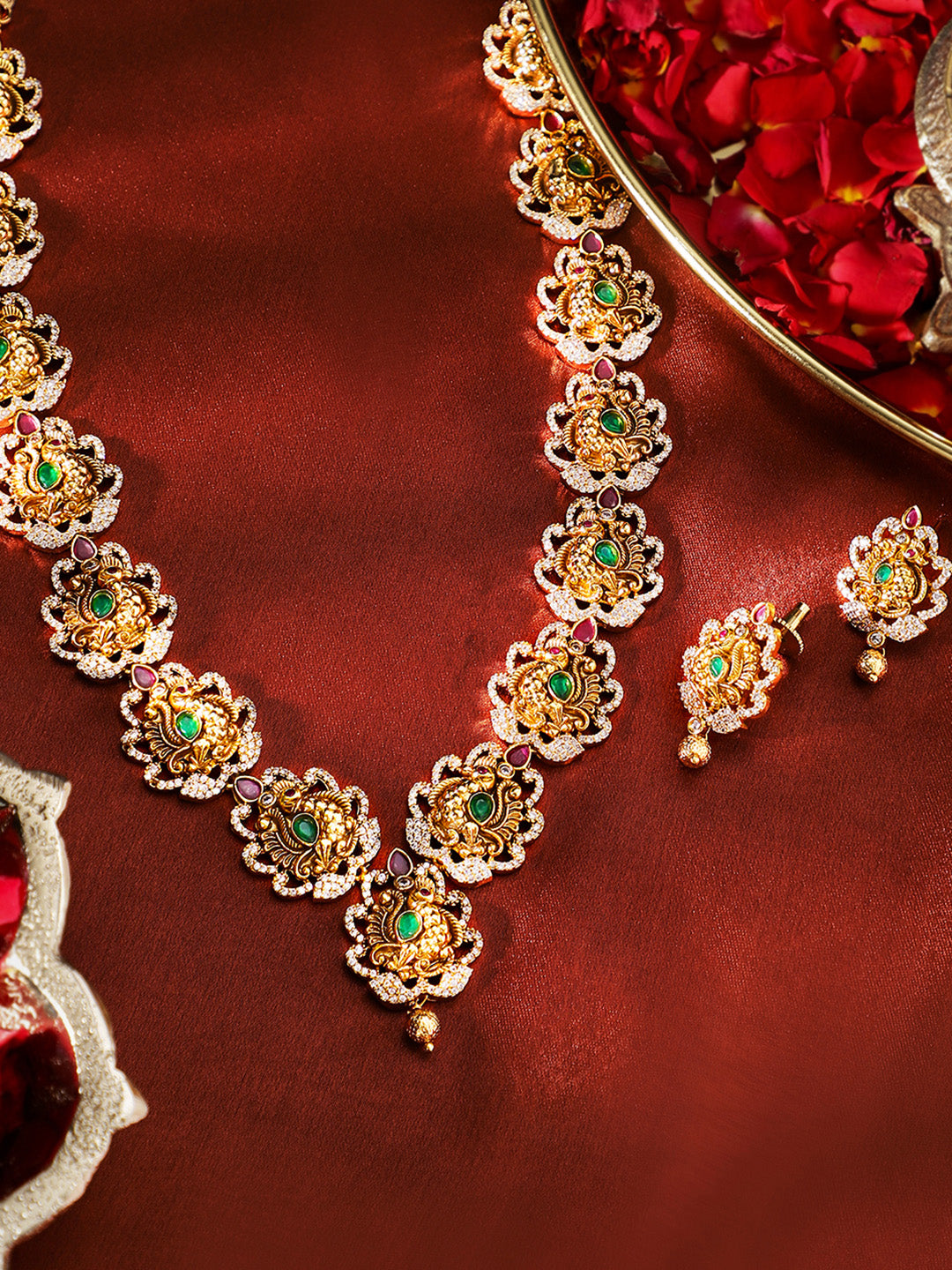 Ishin Gold Plated Goddess Pattern Temple Necklace and Drop Earrings Jewellery Set
