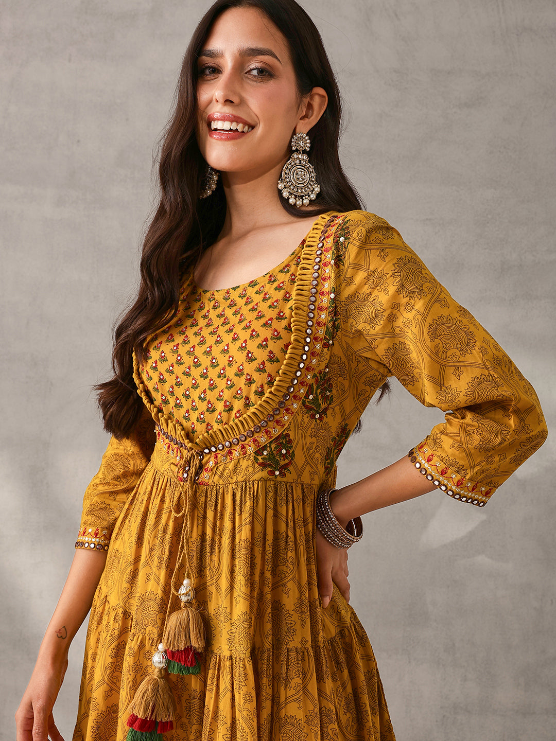 Graceful Mustard Cotton Printed with Embroidered Fit & Flare Gown 