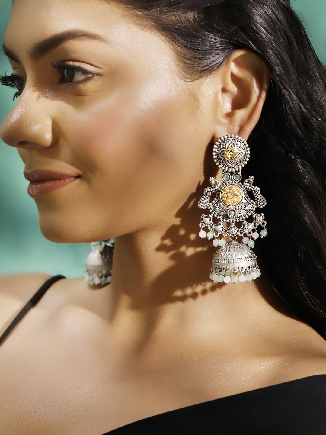 Ishin Multi Colour Silver Plated Beads Jhumka Earring