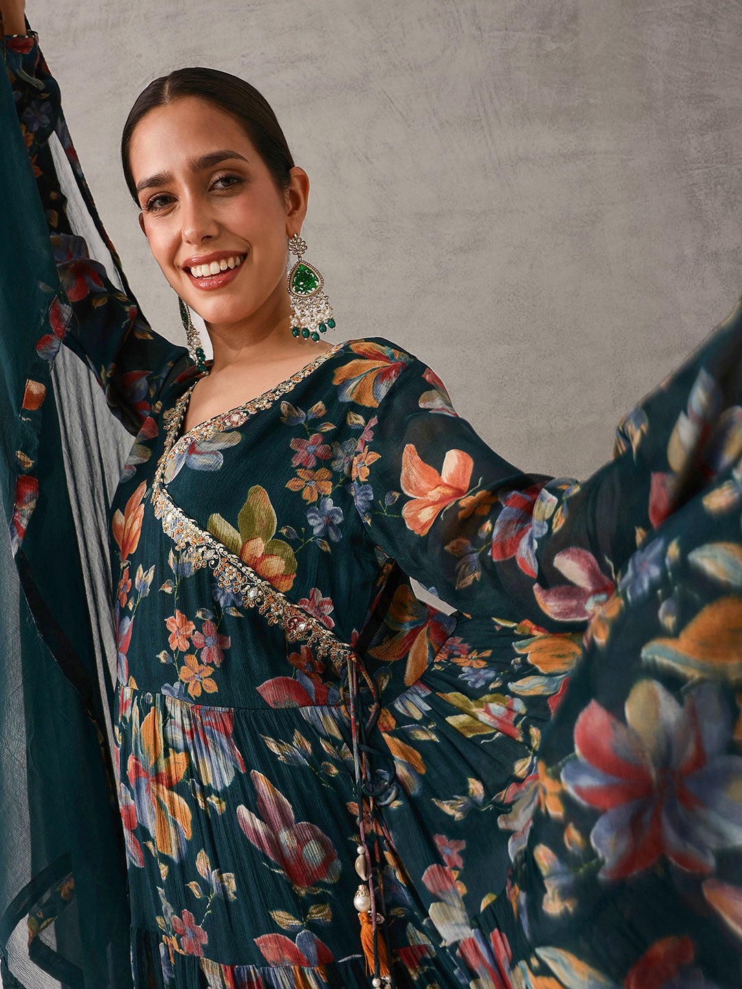 Graceful Blue Chinon Floral Printed Tiered Kurta Set with Dupatta
