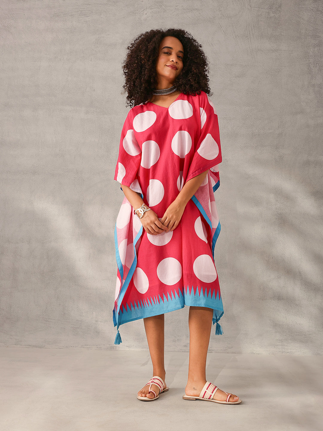 Comfy Pink Cotton Printed Kaftan with tassels