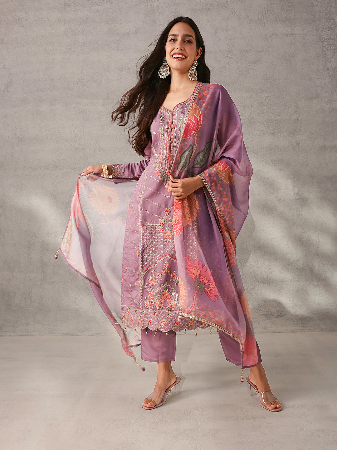 Soft Lilac Roman Silk Embroidered Straight Fit Kurta Set with Dupatta