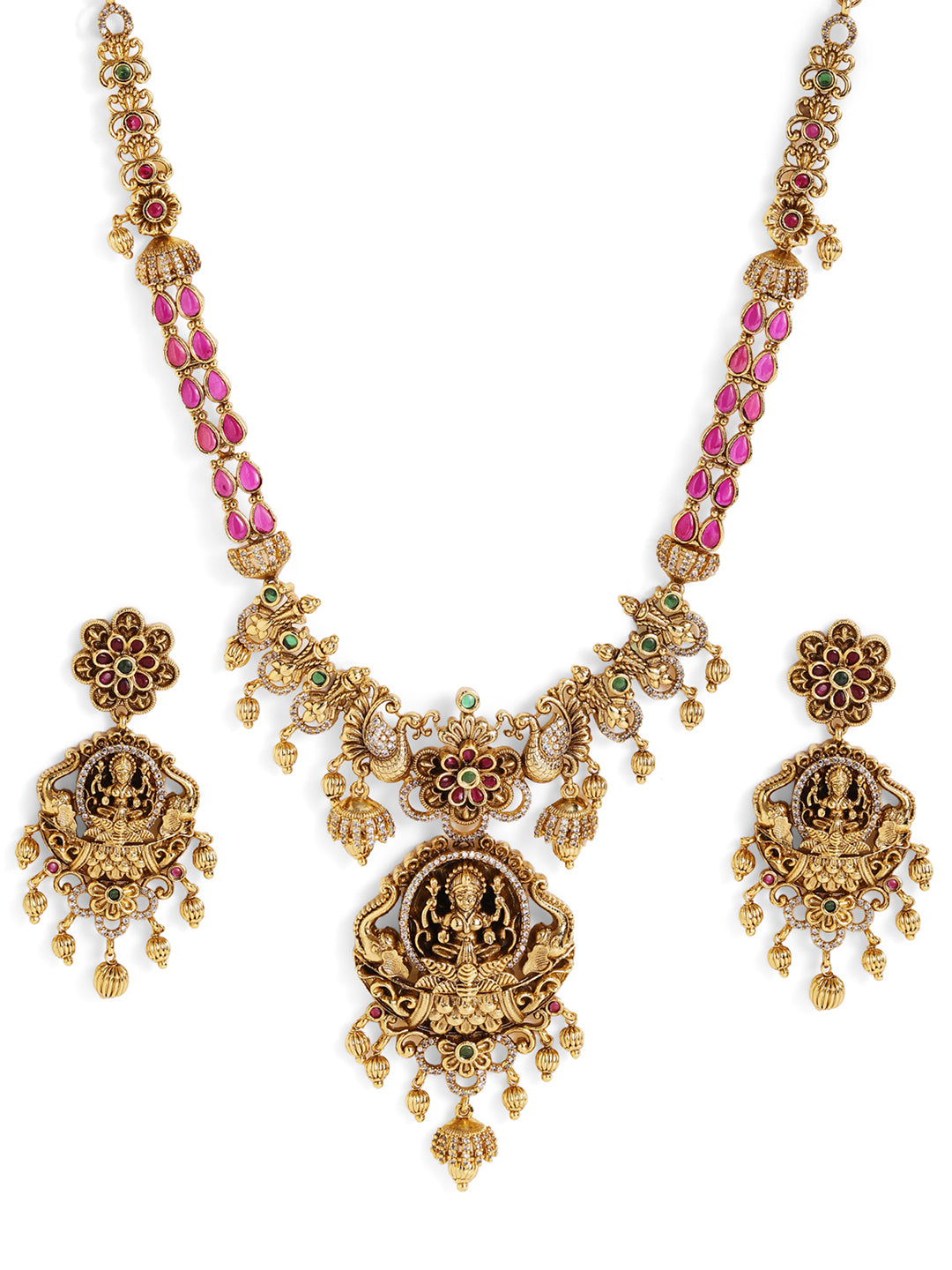 Ishin Floral AD Goddess Mint Elegance Necklace Gold Plated and Drop Earrings Jewellery Set