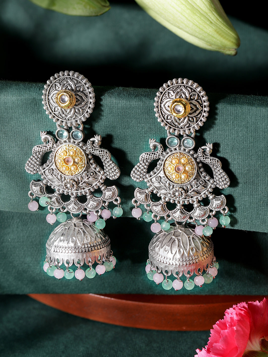Ishin Multi Colour Silver Plated Beads Jhumka Earring