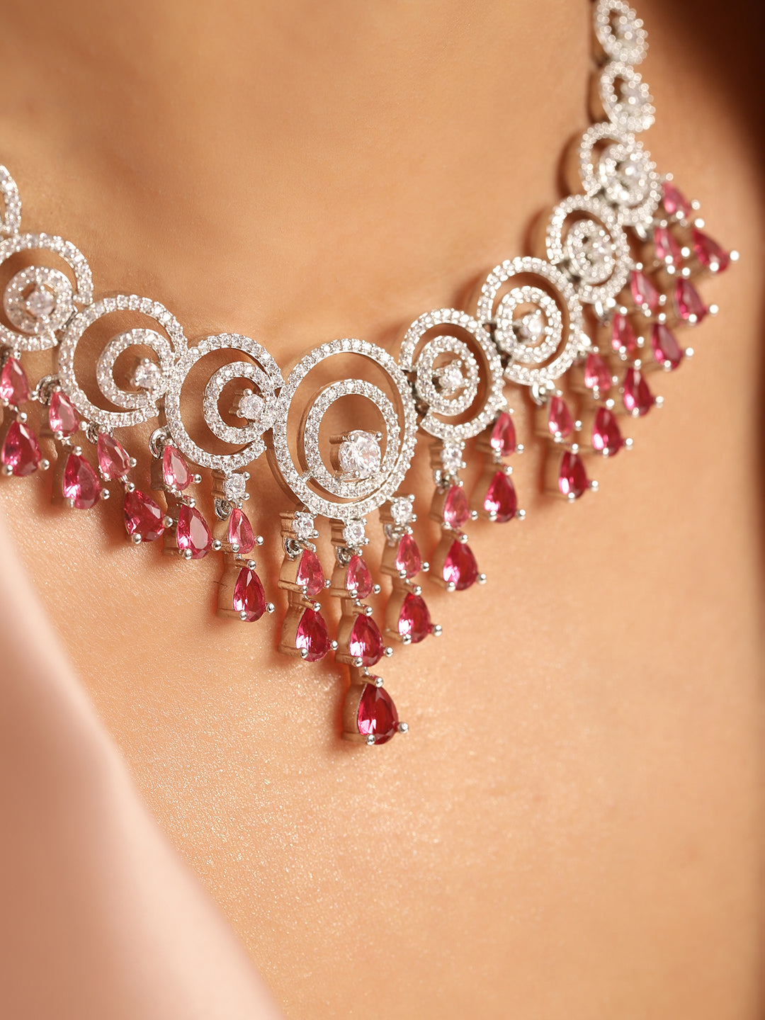 Ishin Pink Colour Silver Plated American Diamond Jewellery Set