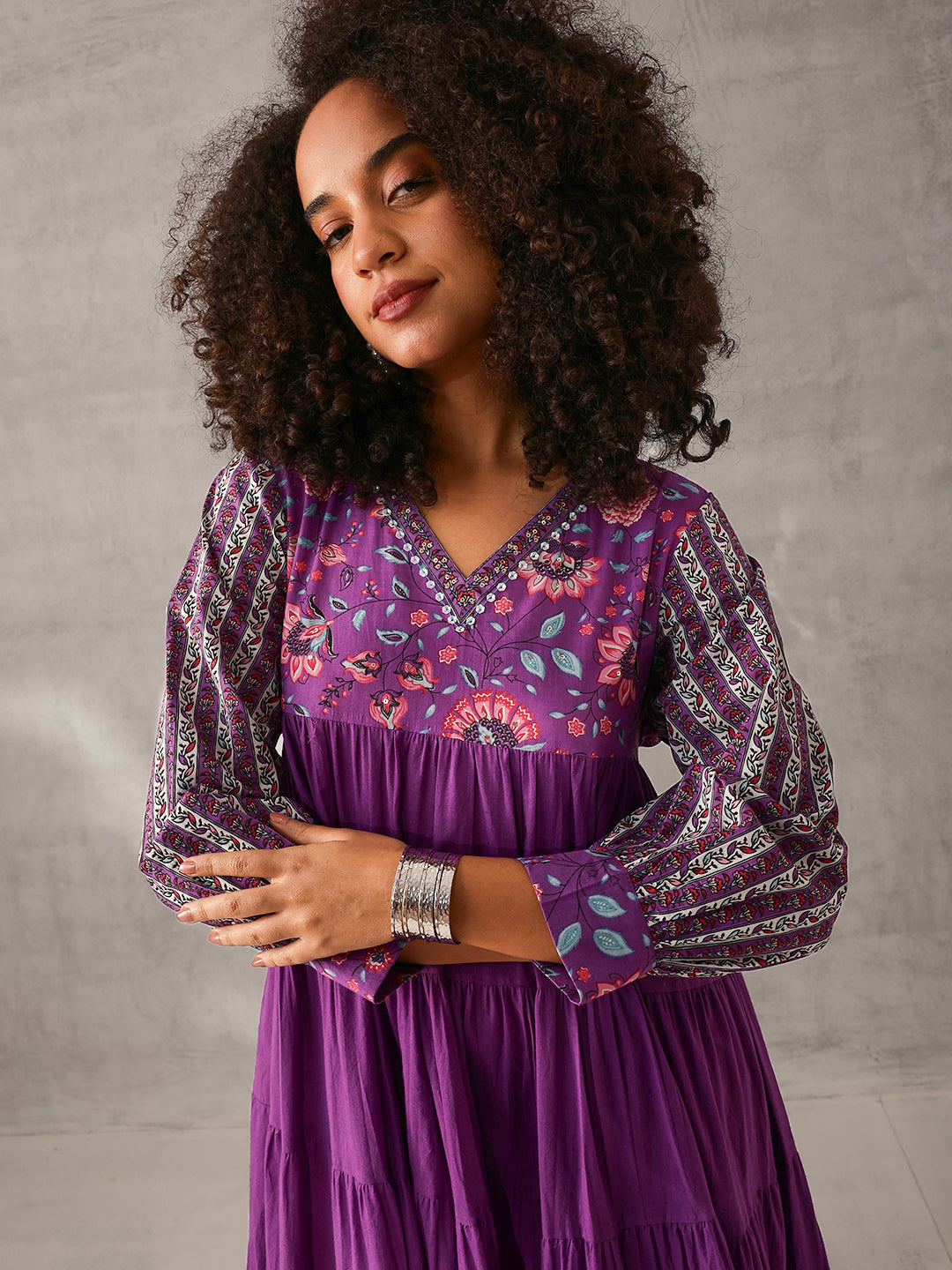 Graceful Lavender Cotton Floral Printed Tiered fit Gown 