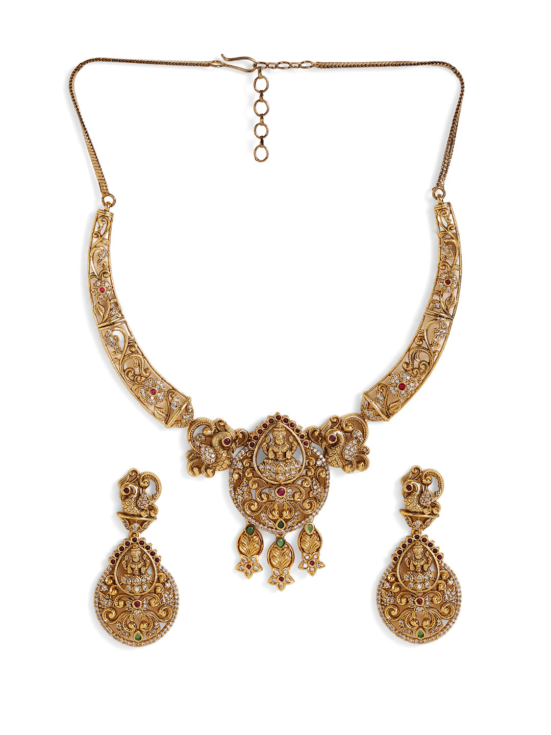 Ishin Floral Style Gold Plated AD stoned Necklace and Drop Earrings Jewellery Set