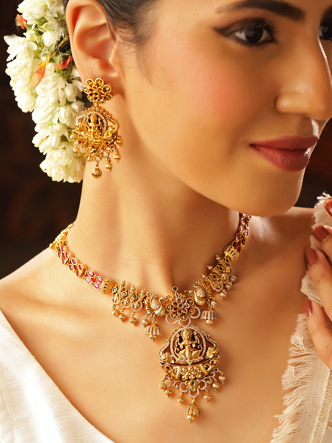 Ishin Floral AD Goddess Mint Elegance Necklace Gold Plated and Drop Earrings Jewellery Set