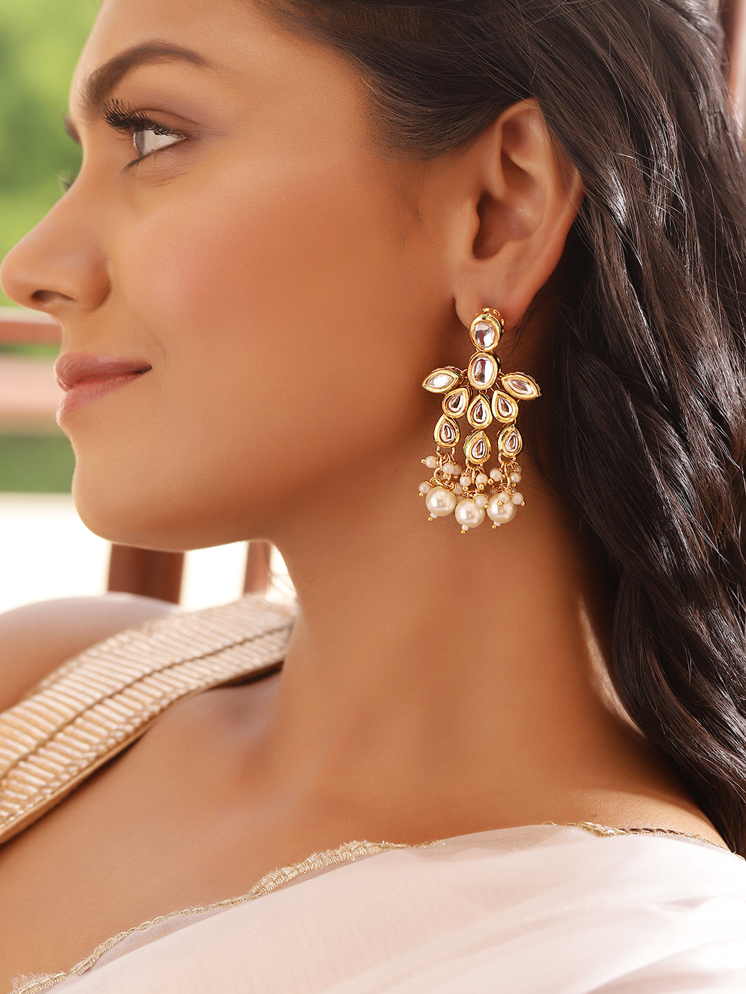 Ishin White Colour Gold plated Kundan Drop Earring
