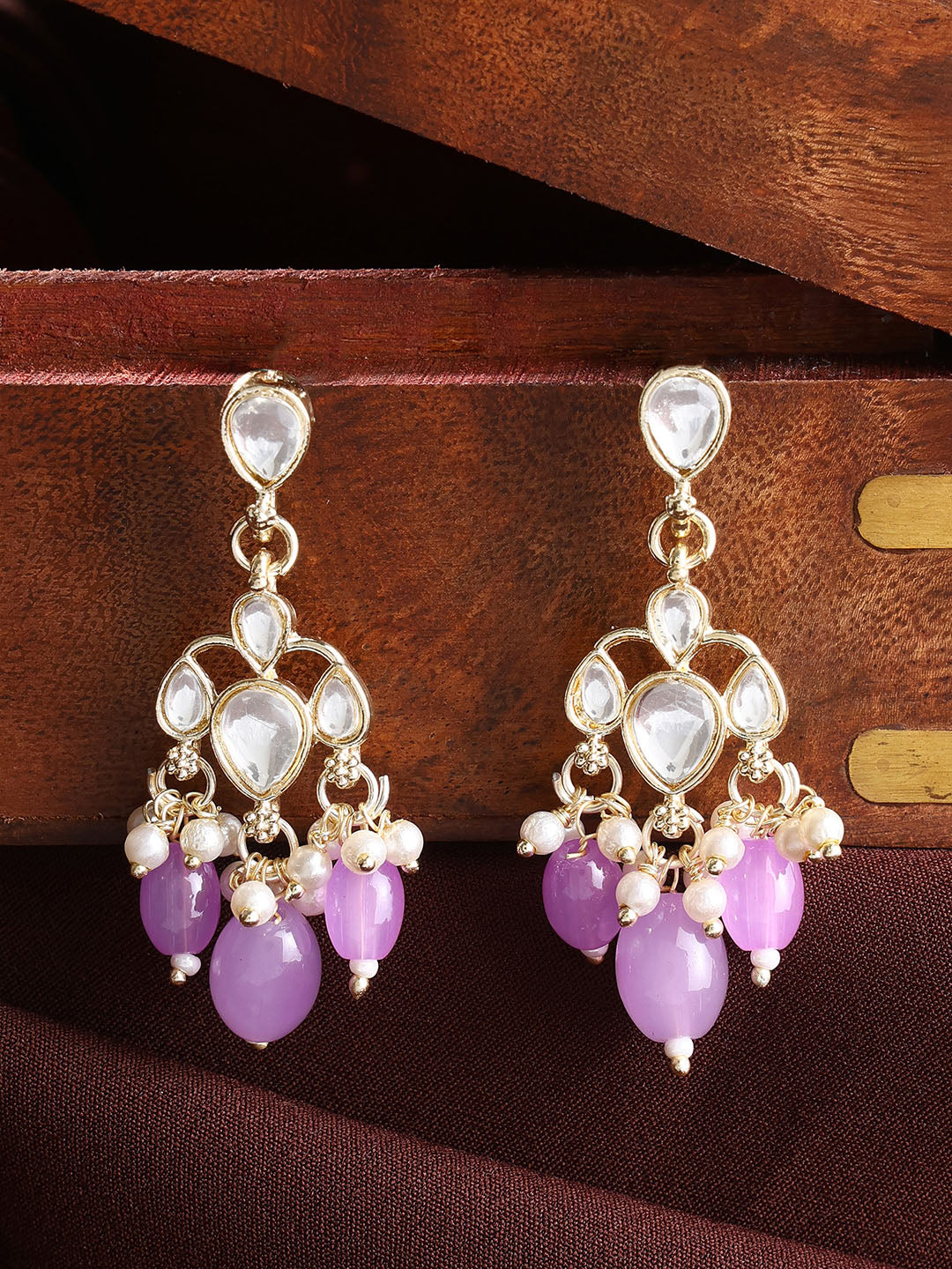 Ishin Lavender Beads Kundan Drop Push Back Gold Plated Earrings