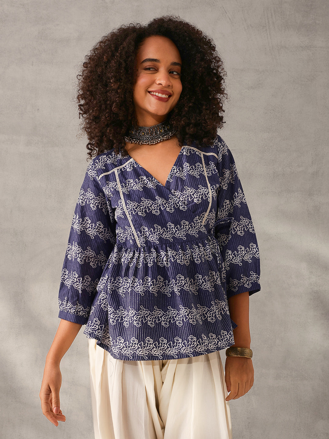 Comfy Navy Blue Cotton Printed Angrakha fit Top
