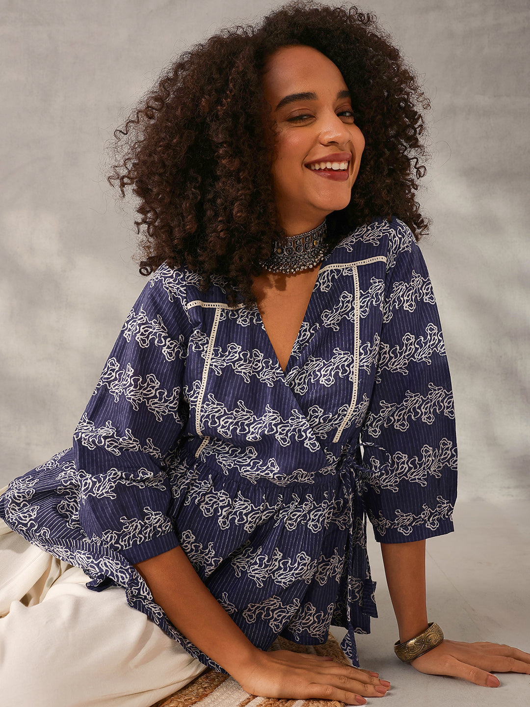 Comfy Navy Blue Cotton Printed Angrakha fit Top