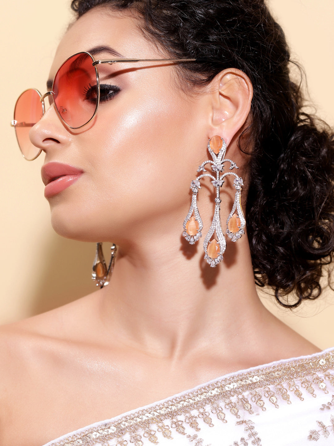 Ishin Orange  Colour Silver Plated AD Drop Earring