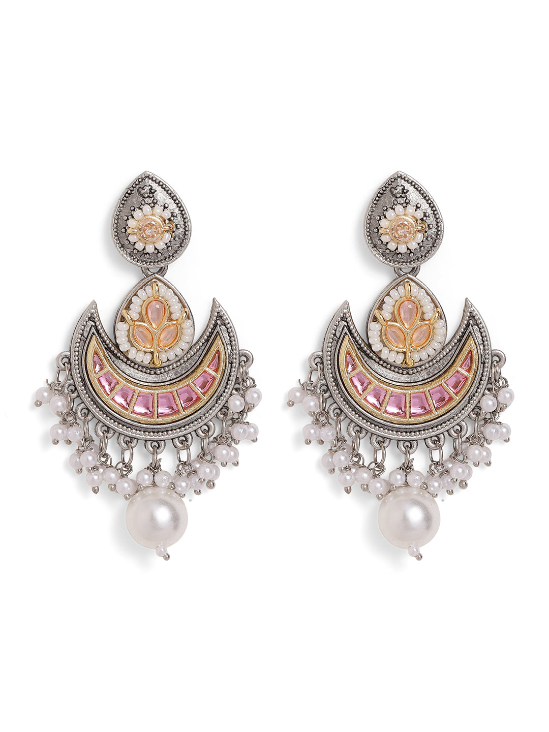 Ishin Pink Colour Silver Plated Pearl Chandbali Earring