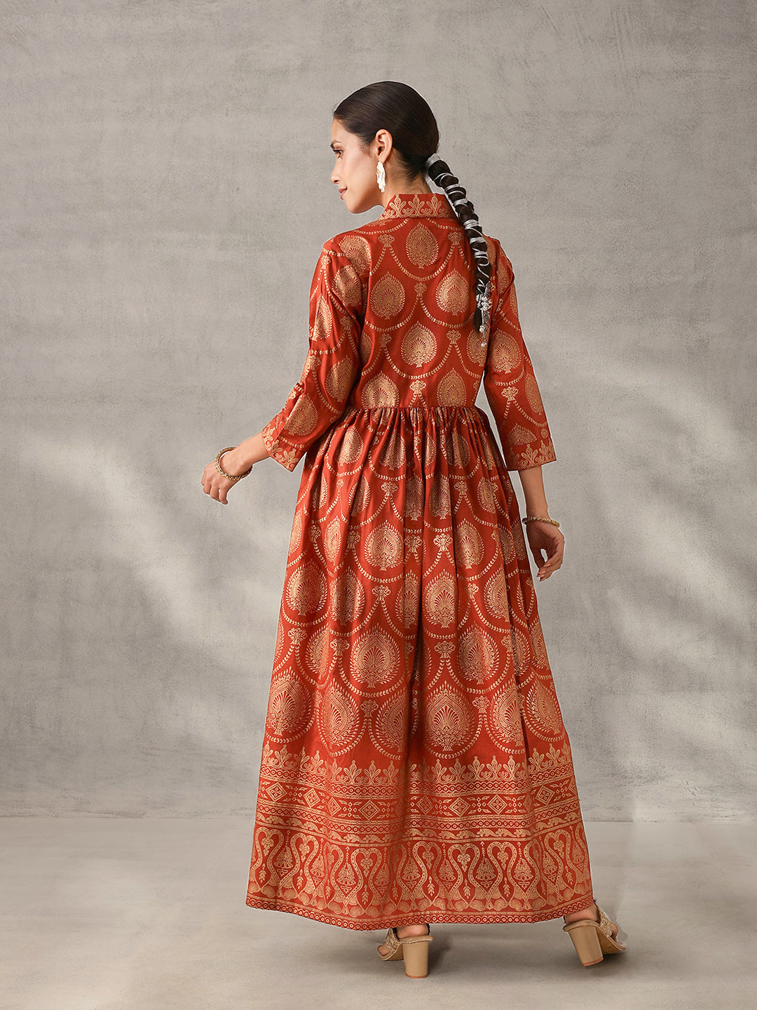 Rich Rust Chinon Foil Printed Fit & Flare Kurta