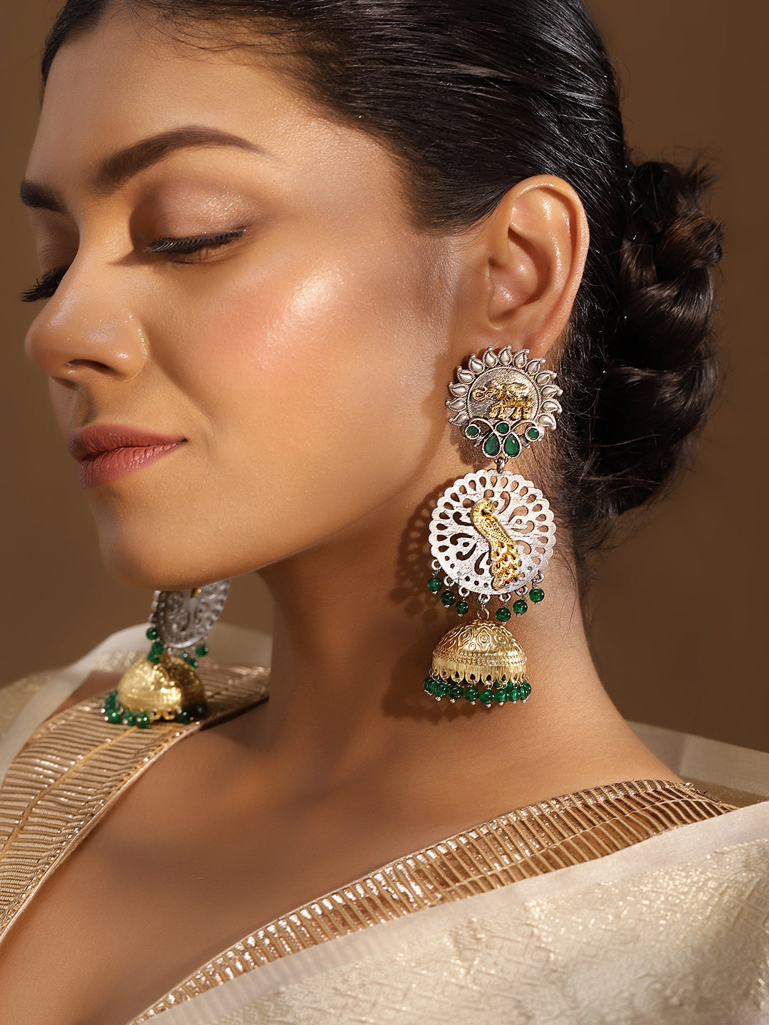 Ishin Green Colour Silver Plated Jhumka Earring