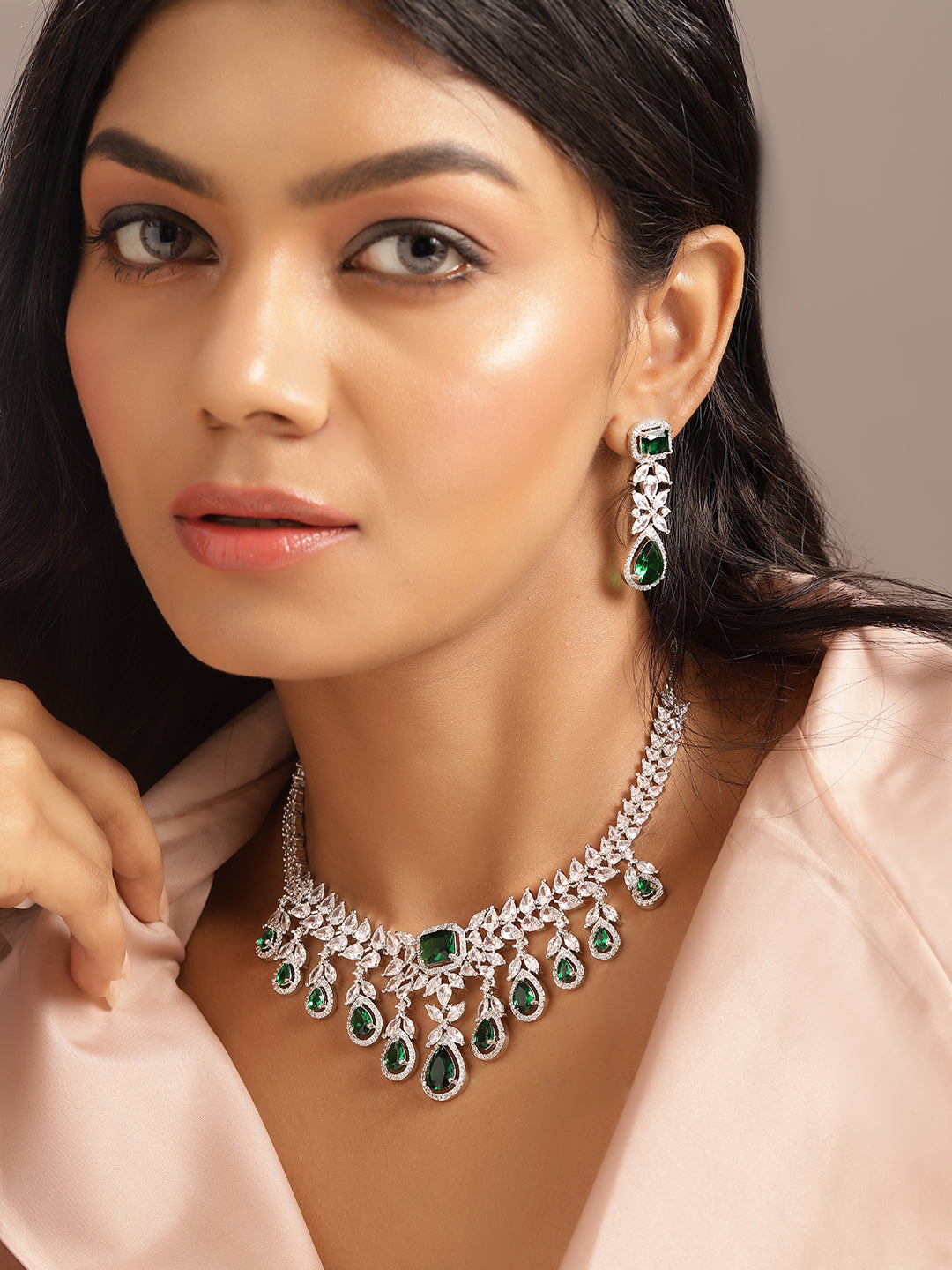 Ishin Green Colour Silver Plated American Diamond Jewellery Set
