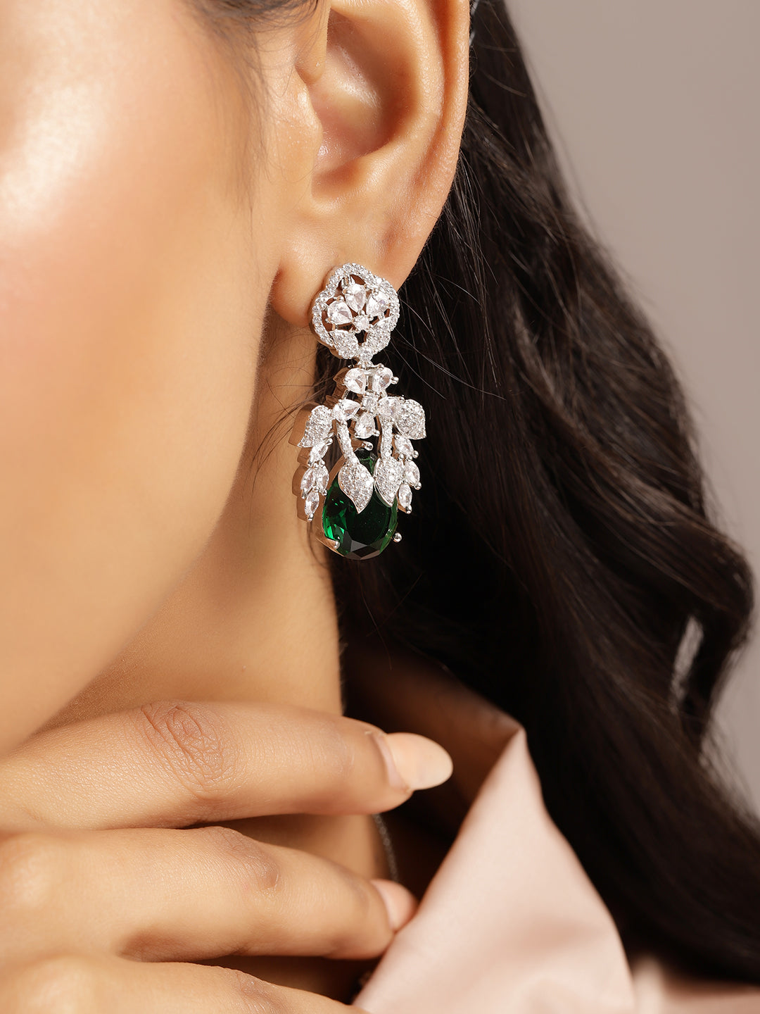 Ishin Green Colour Silver Plated American Diamond Drop Earring
