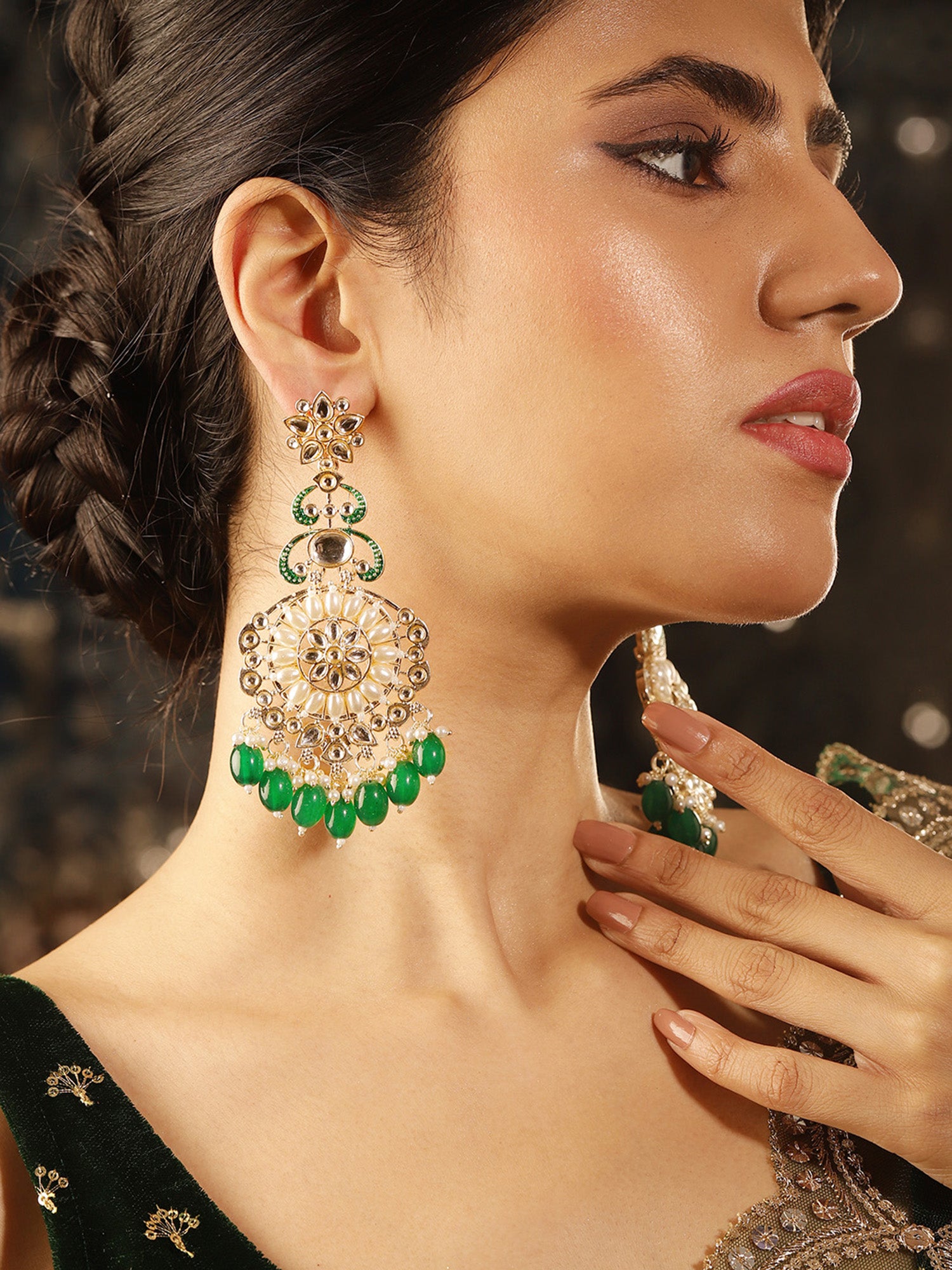 Ishin Kundan Pearl Style Floral Pattern Gold Plated Green Beads Drop Earrings