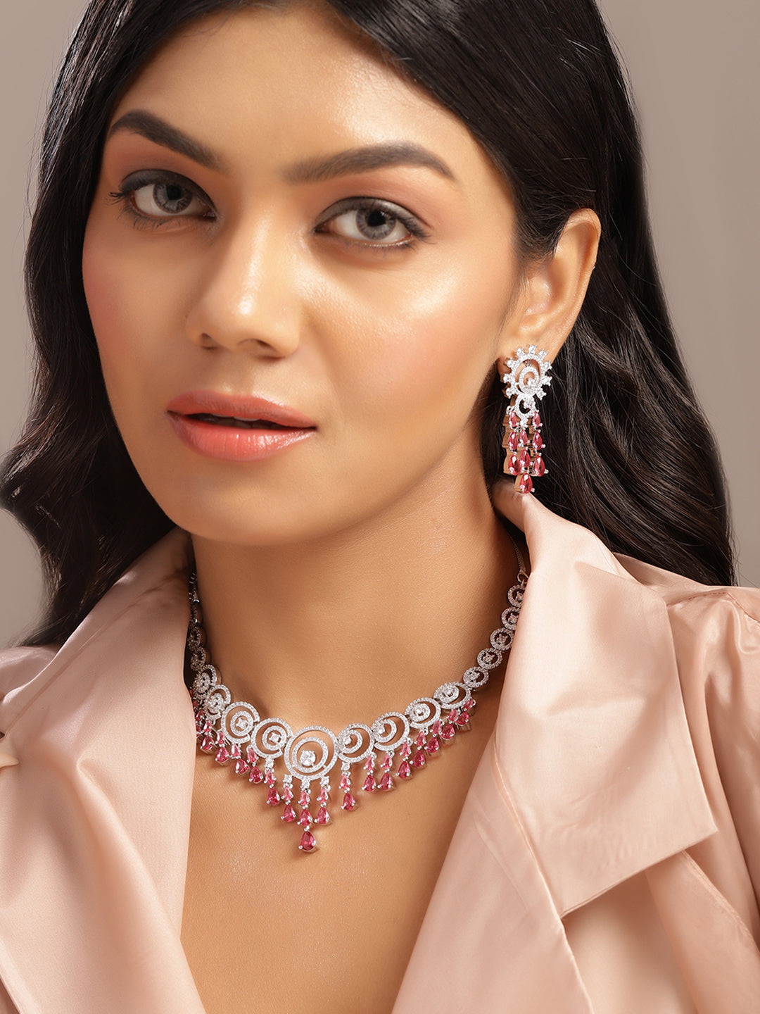 Ishin Pink Colour Silver Plated American Diamond Jewellery Set