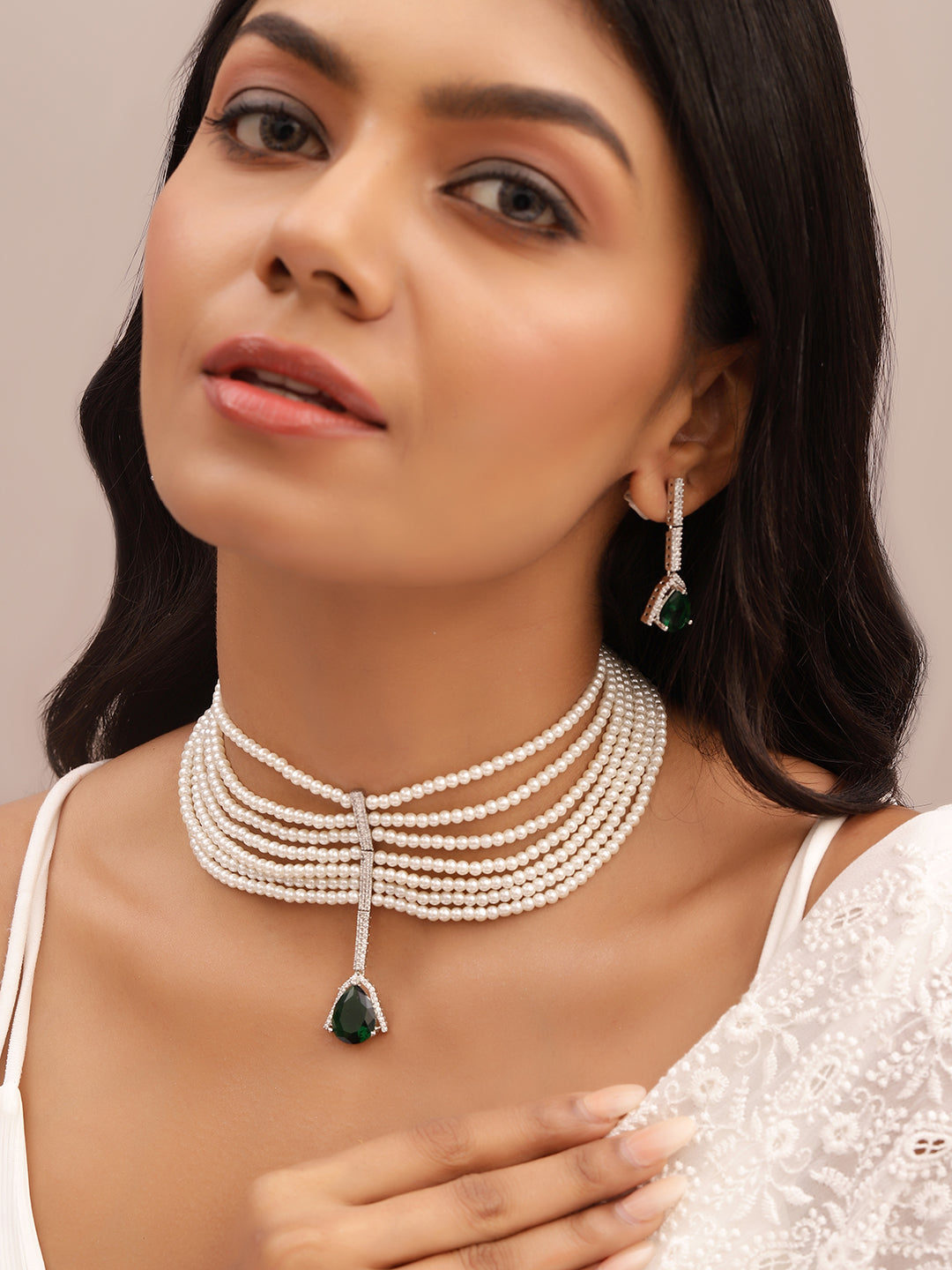 Ishin Green Colour Silver Plated American Diamond Jewellery Set