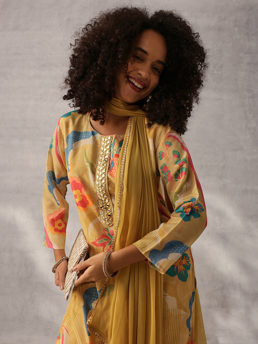 Soft Yellow Chinon Floral Printed Kurta Set with Dupatta