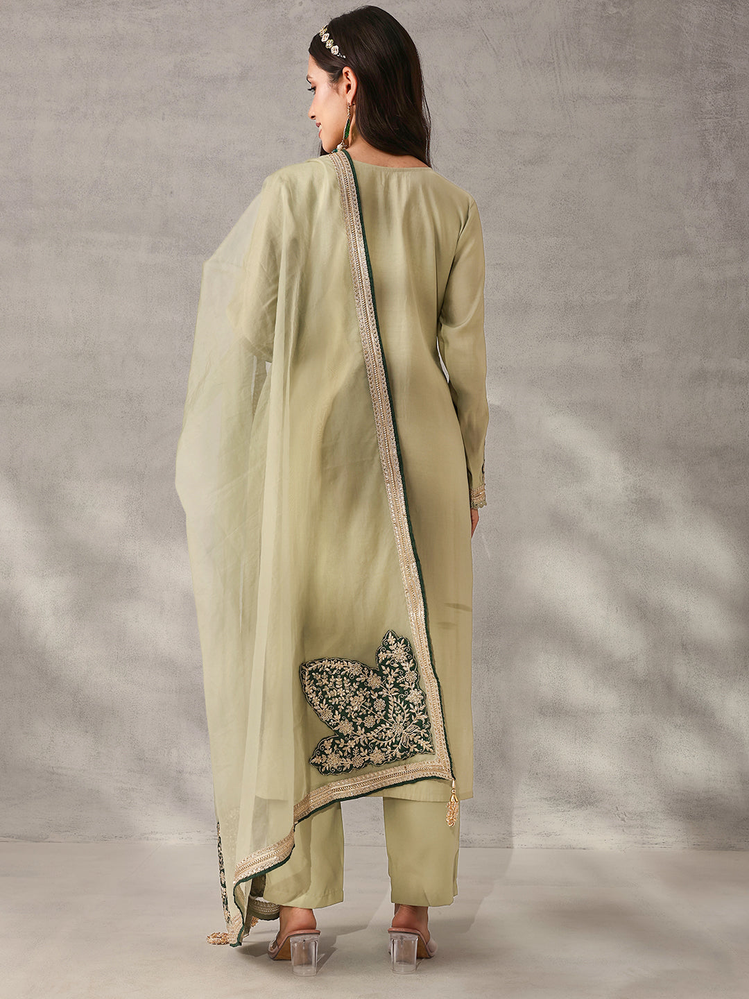 Rich Mint Green Roman Silk Zari Embroidered Straight Fit Kurta Set with Dupatta