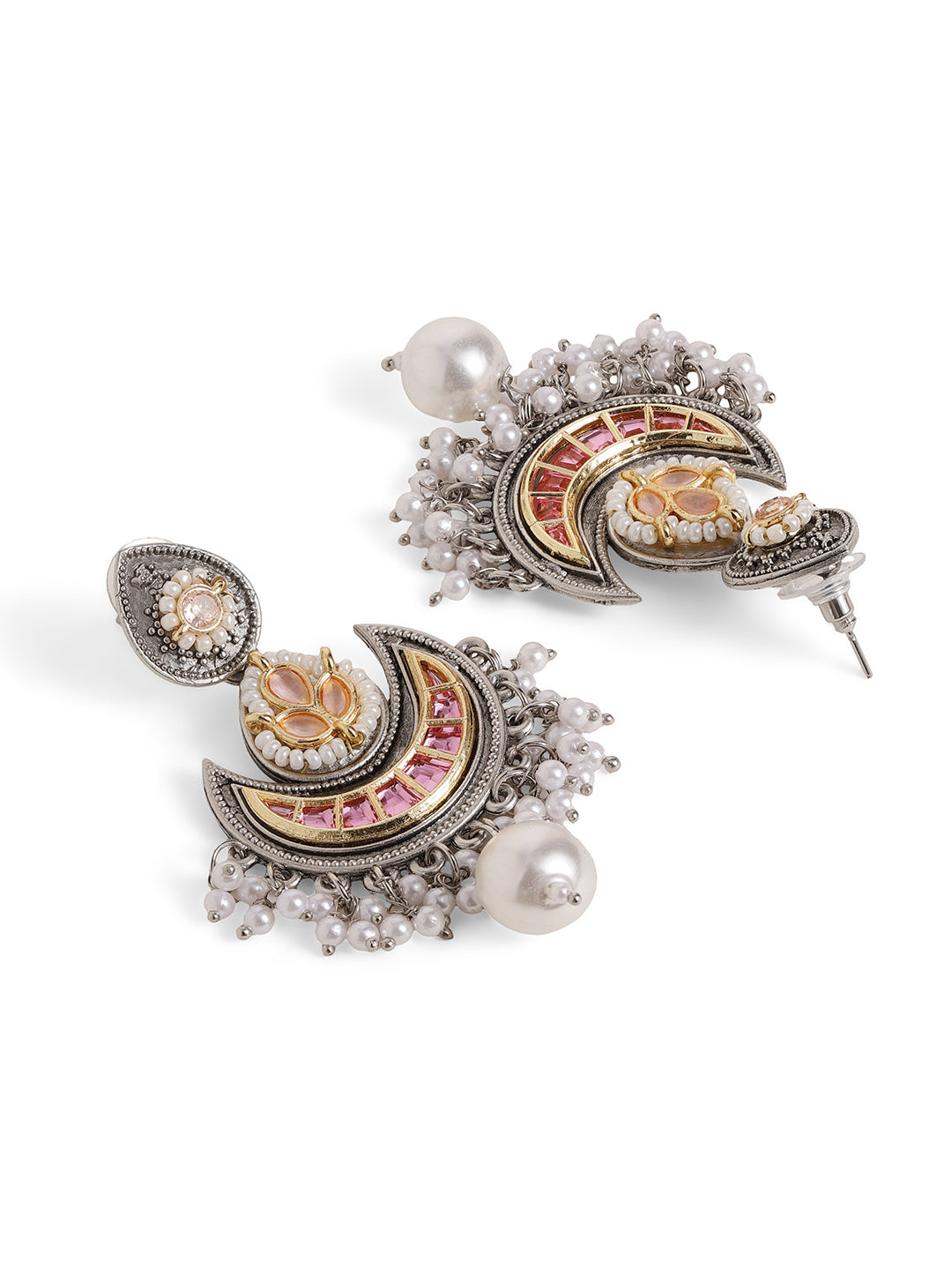 Ishin Pink Colour Silver Plated Pearl Chandbali Earring