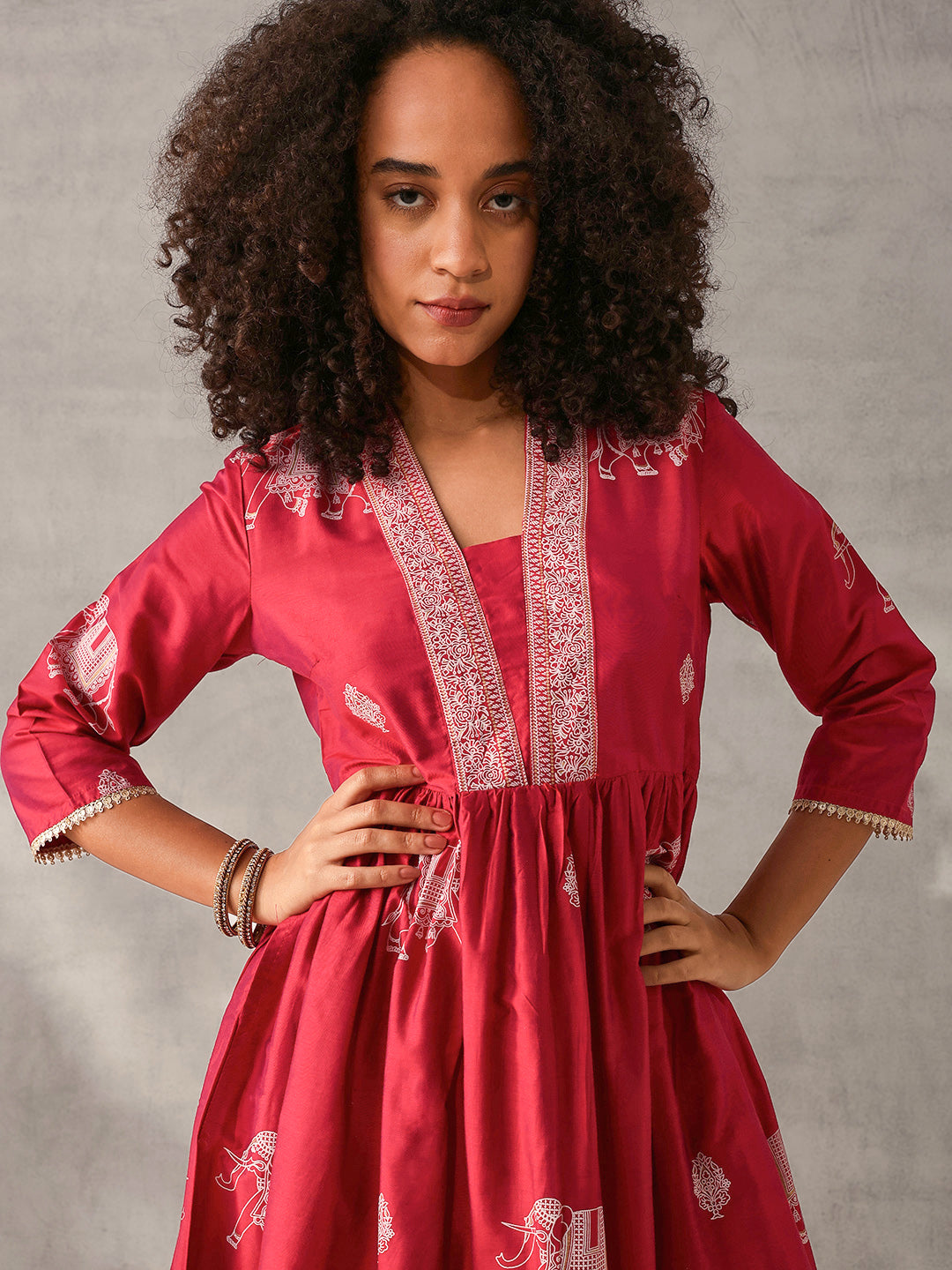 Soft Maroon Polystyrene Foil Printed Anarkali Kurta Set with Bottom
