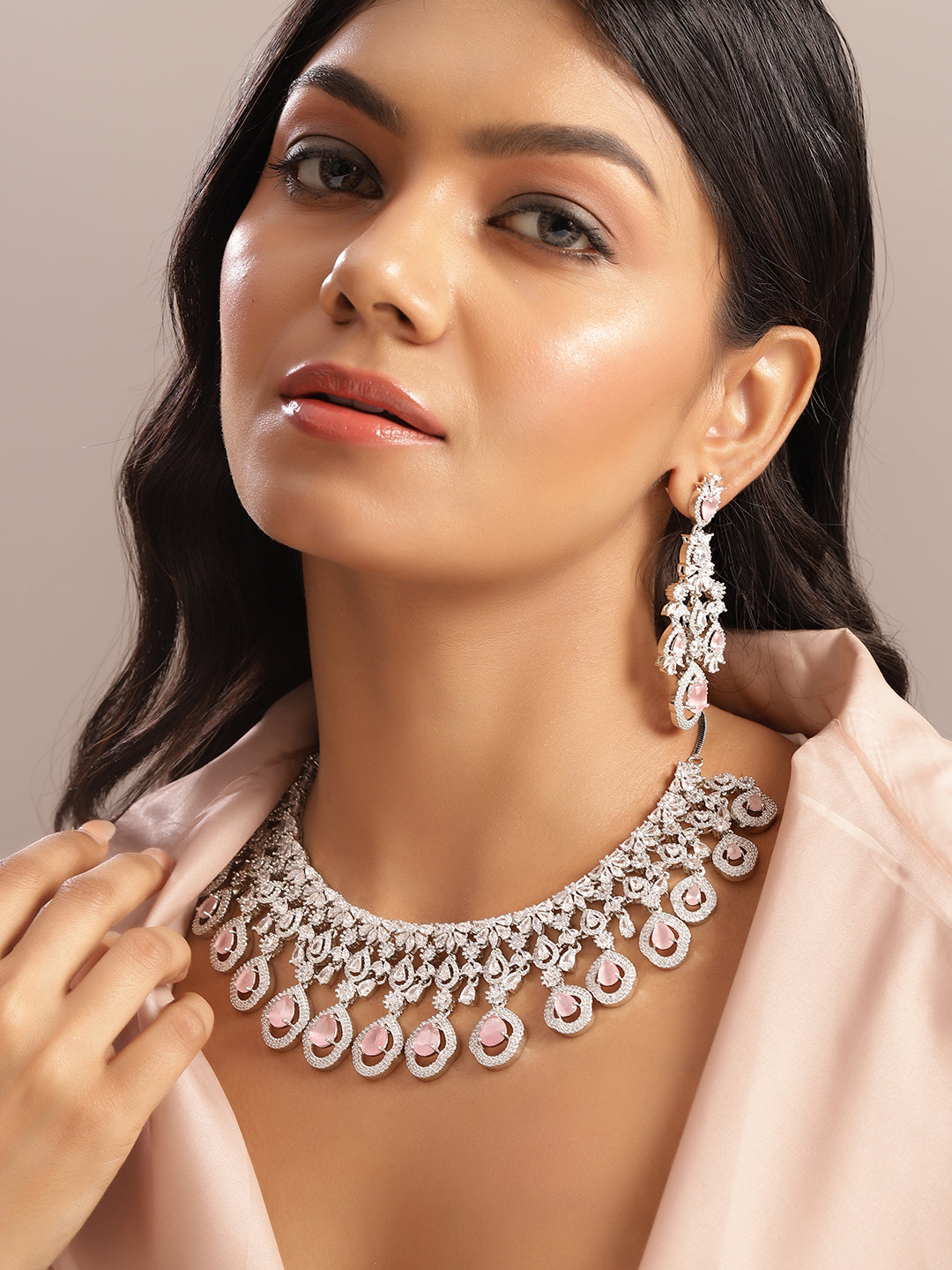 Ishin Pink Colour Silver Plated American Diamond Jewellery Set
