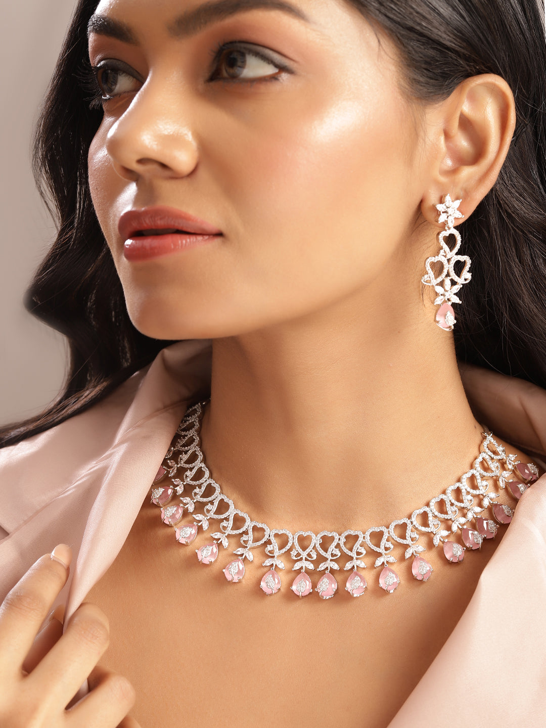 Ishin Pink Colour Silver Plated American Diamond Jewellery Set