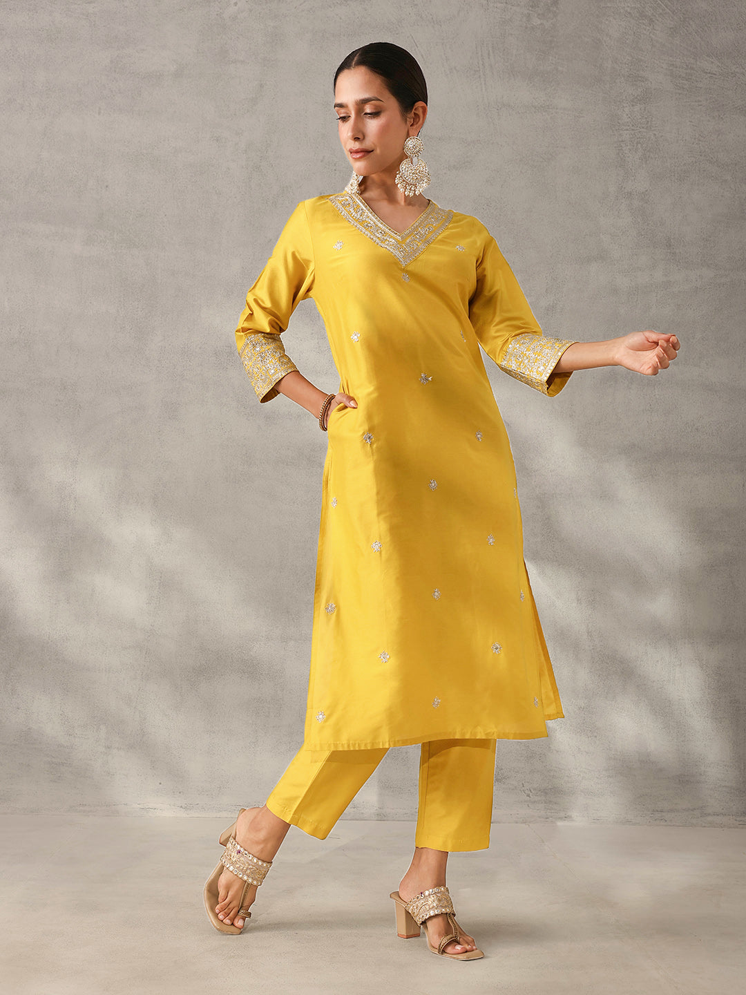 Soft Mustard Polystyrene Zari Embroidered Straight Fit Kurta Set