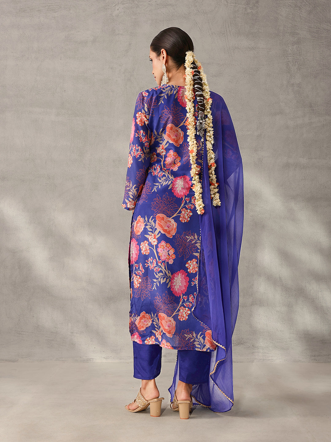 Soft Royal Blue Chinon Floral Printed straight fit Kurta Set with Dupatta