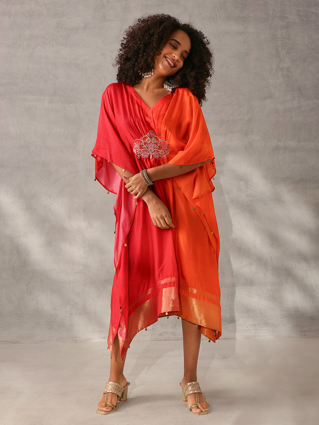 Rich Pink Silk Blend Ombre with Embroidered Kaftan