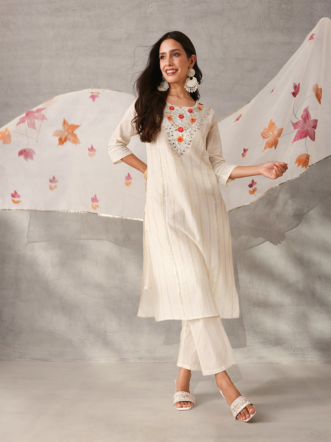 Graceful Off-White Cotton Embroidered straight fit Kurta Set with Hand-Painted Dupatta