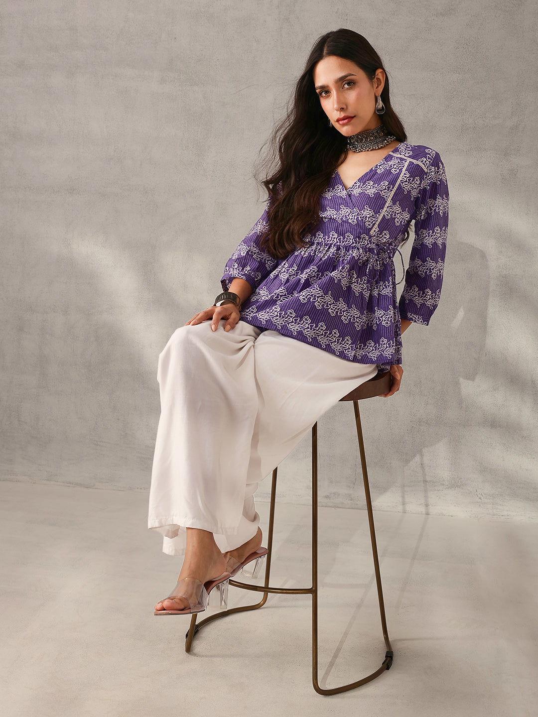 Comfy Purple Cotton Printed Angrakha fit Top