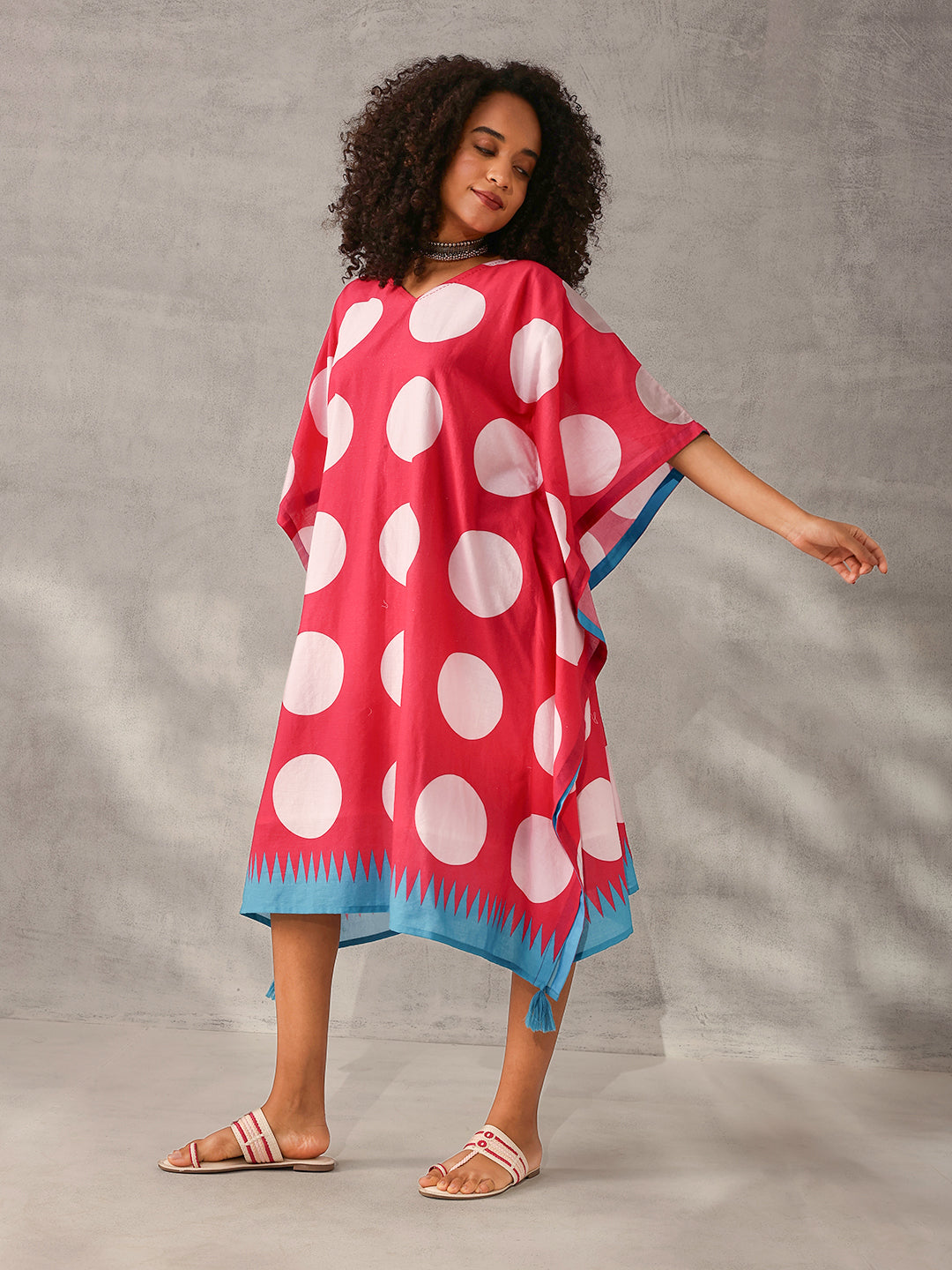 Comfy Pink Cotton Printed Kaftan with tassels