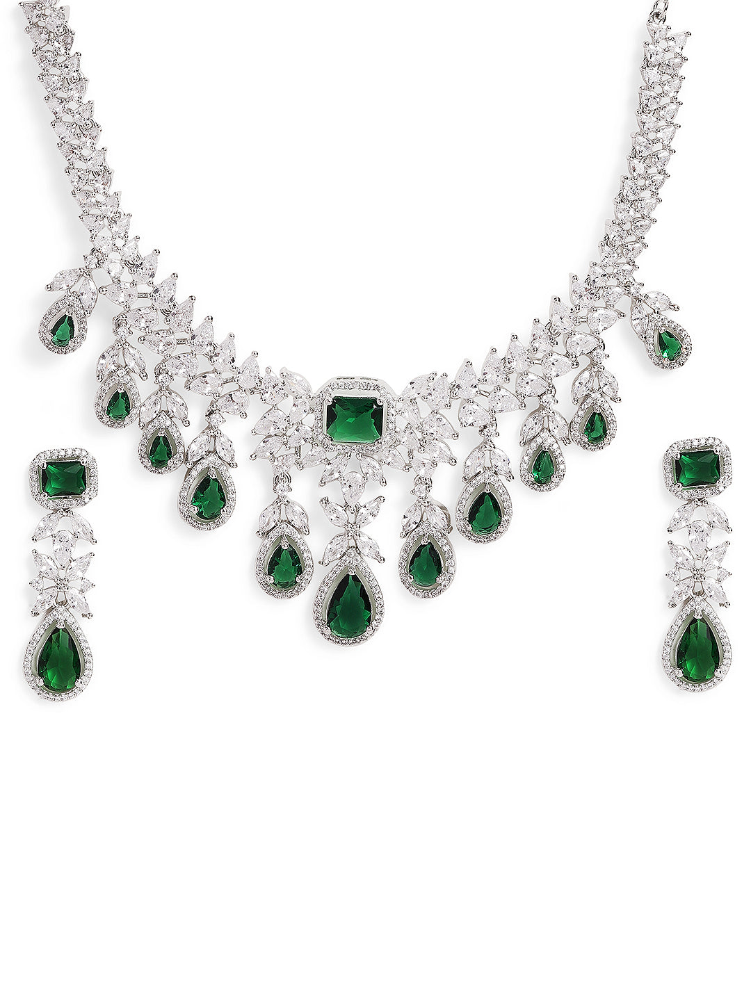 Ishin Green Colour Silver Plated American Diamond Jewellery Set