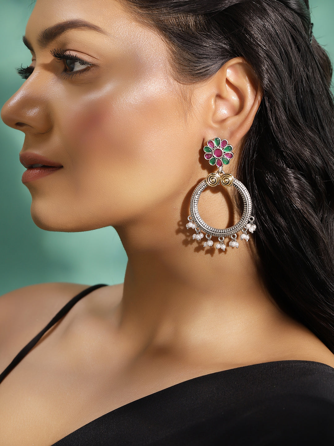 Ishin Multi Colour Silver Plated Pearl Chandbali Earring