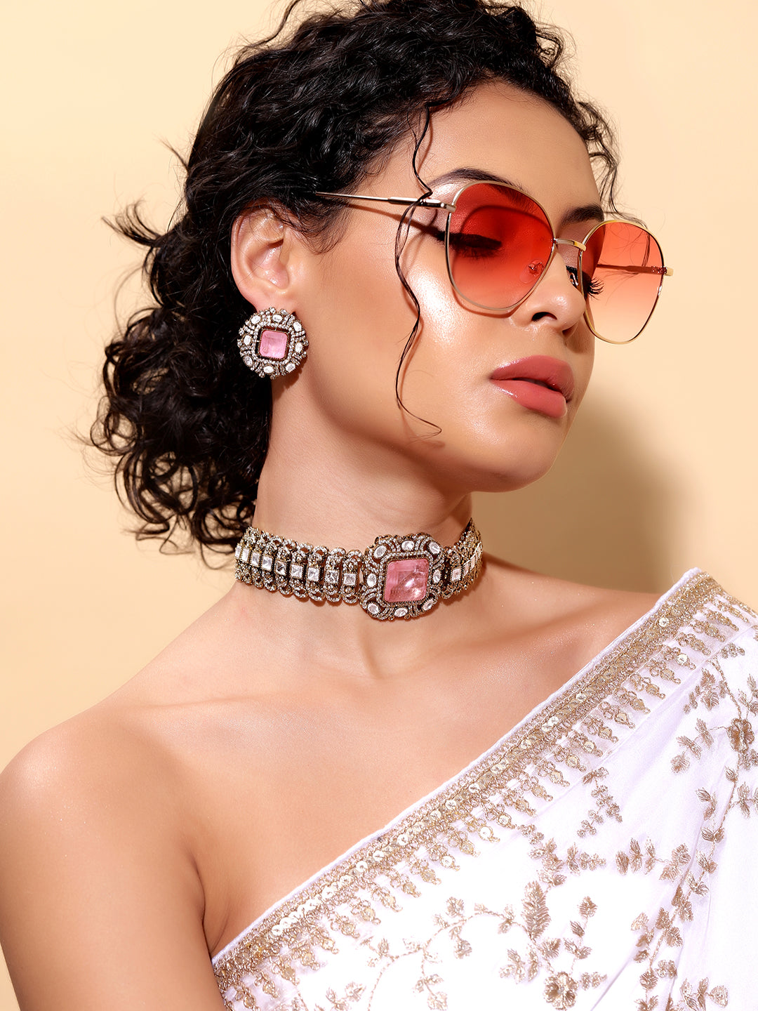 Ishin Pink  Colour Gold Plated Jewellery set