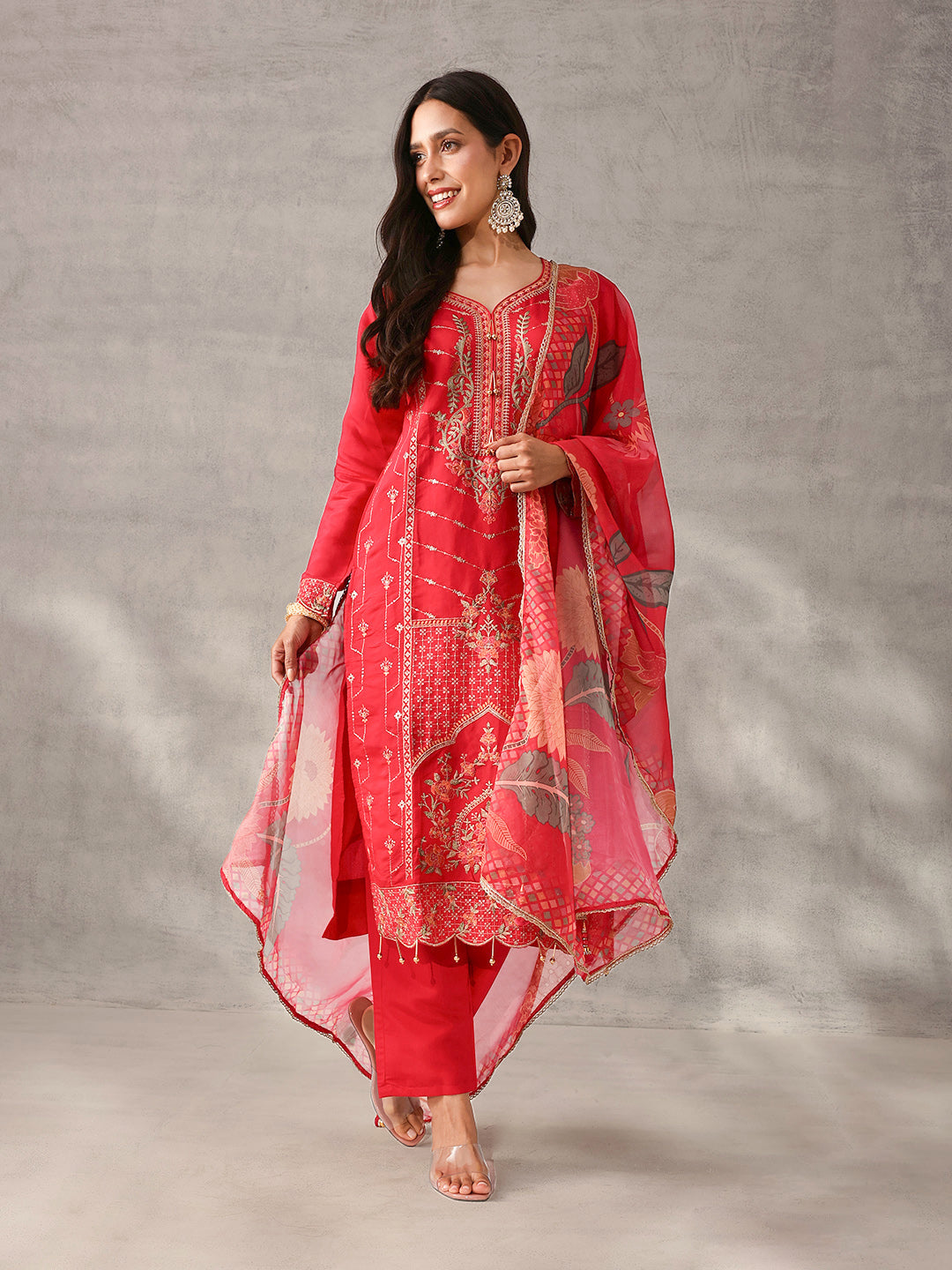 Soft Pink Roman Silk Embroidered Straight Fit Kurta Set with Dupatta