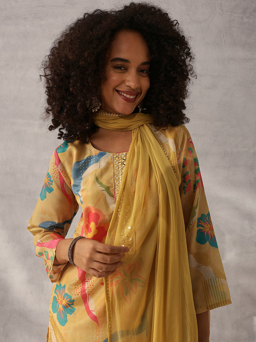 Soft Yellow Chinon Floral Printed Kurta Set with Dupatta