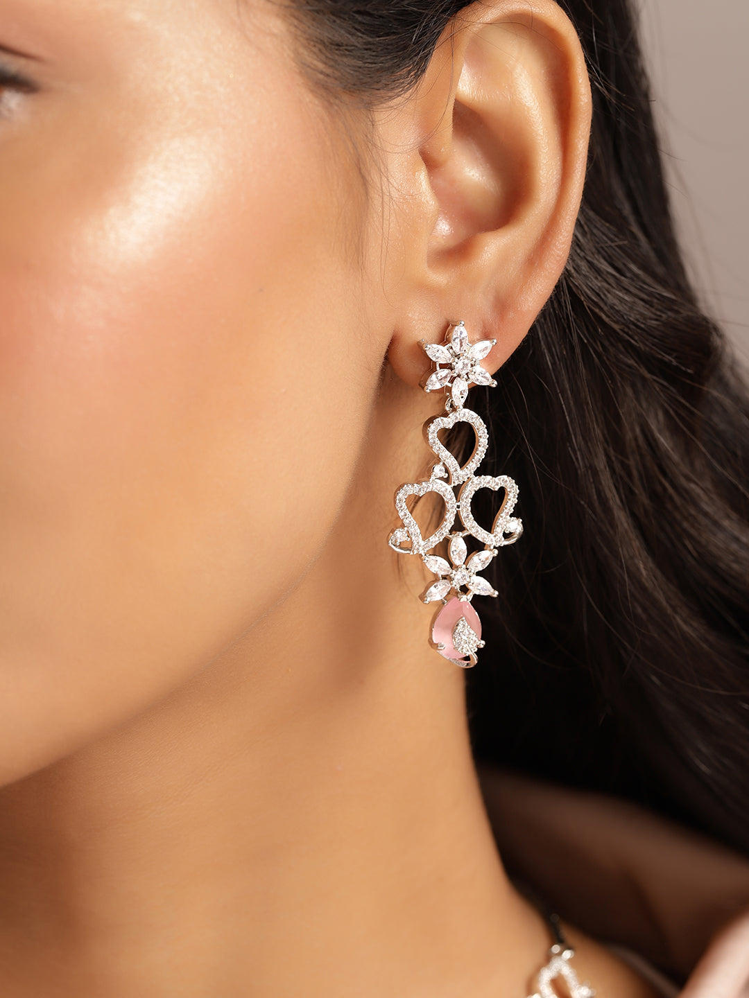 Ishin Pink Colour Silver Plated American Diamond Jewellery Set