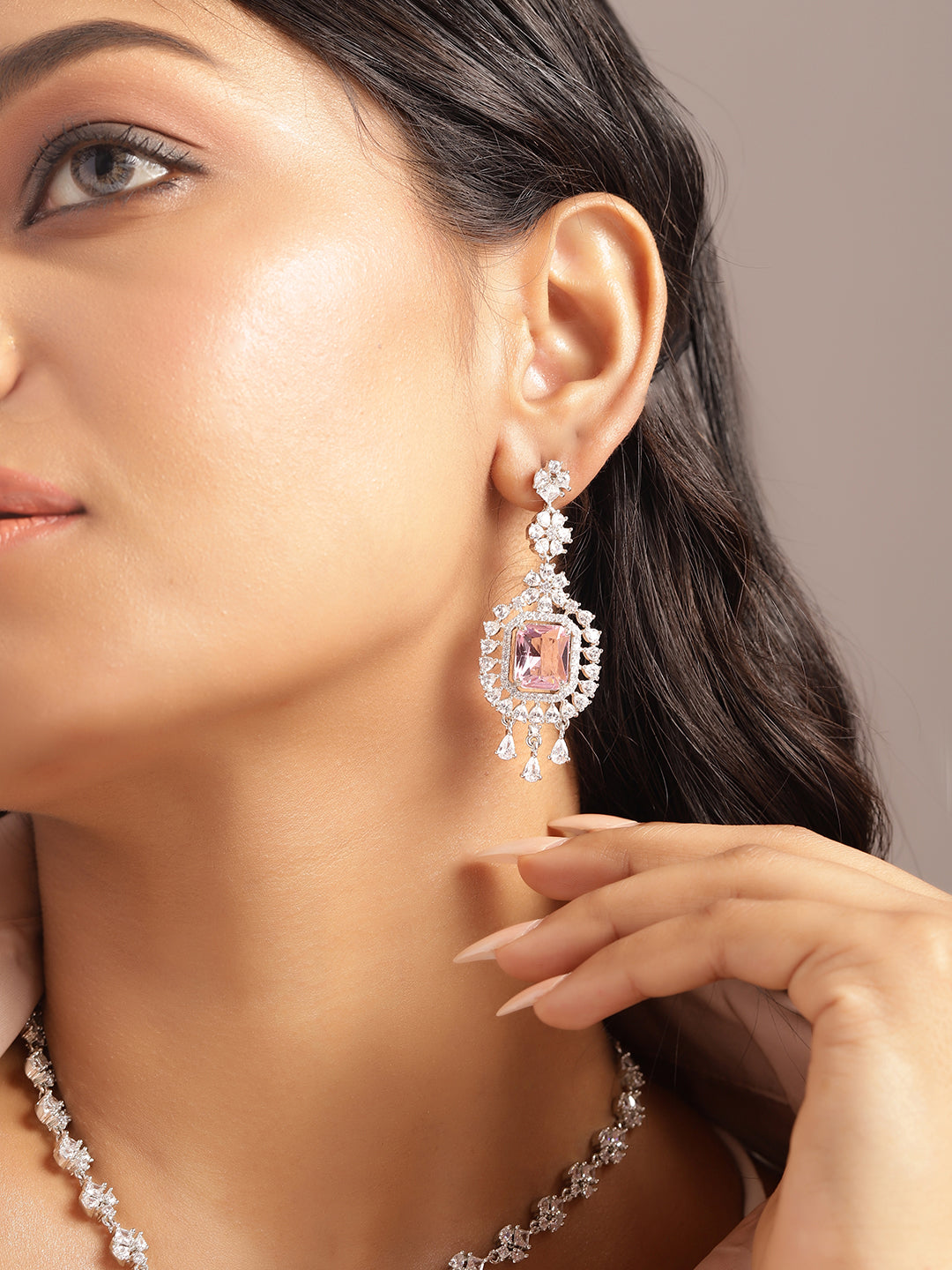 Ishin Pink Colour Silver Plated American Diamond Jewellery Set